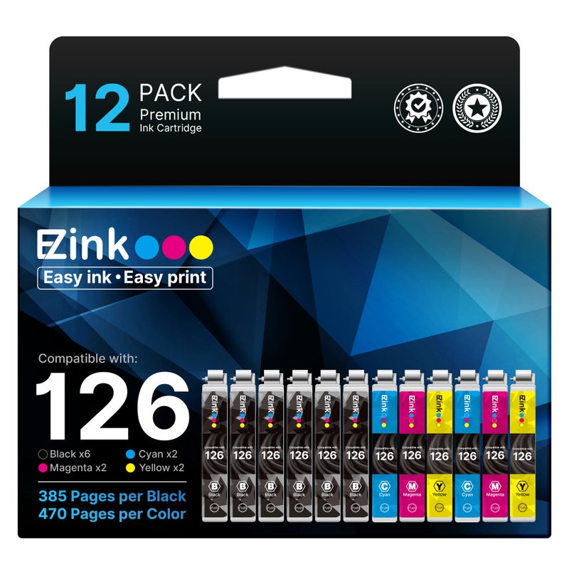 E-Z Ink (Remanufactured Ink Cartridge Replacement for Epson 126 T126 to use with Workforce 435 520 545 635 645 WF-3520 WF-3530 WF-3540 WF-7010 WF-7510 (6 Black,2 Cyan,2 Magenta,2 Yellow) 12 Pack - Image 1